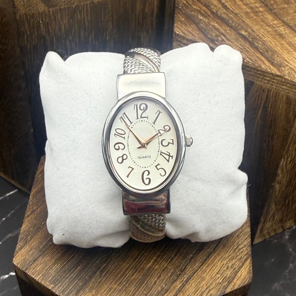 Vintage Studio Time Silver Tone Oval Cuff Bracelet Watch Y2K Quartz